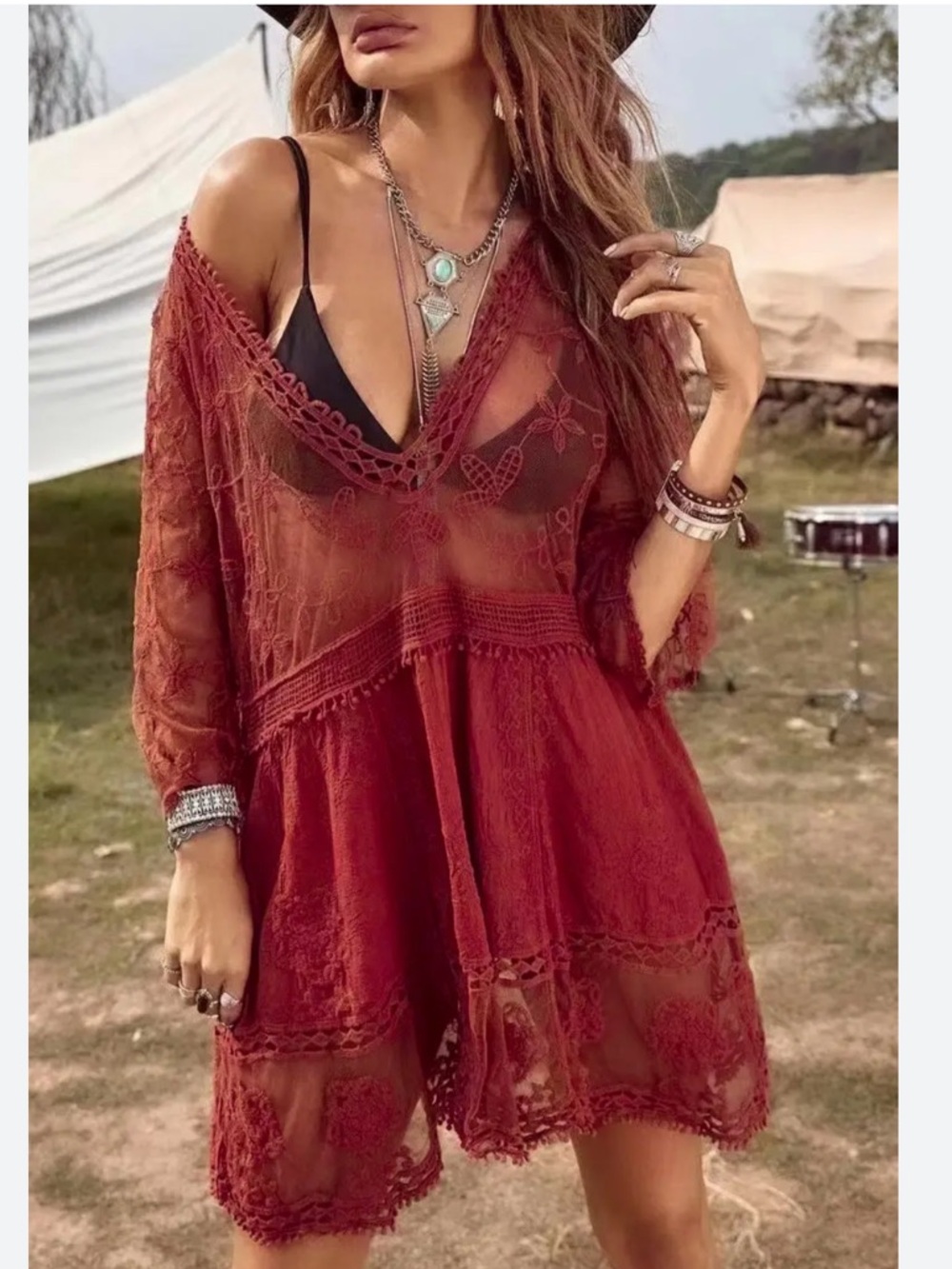 Embroidered Crochet Lace Beach Cover-Up in Deep Red | S/M
